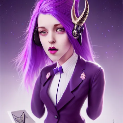 Image similar to beautiful tall secretary with purple hair, a horn on her head, a purple tuxedo, purple eyes, award winning photography, cinematic, digital painting, cinematic, wlop, 8 k, by ross tran, tom bagshaw