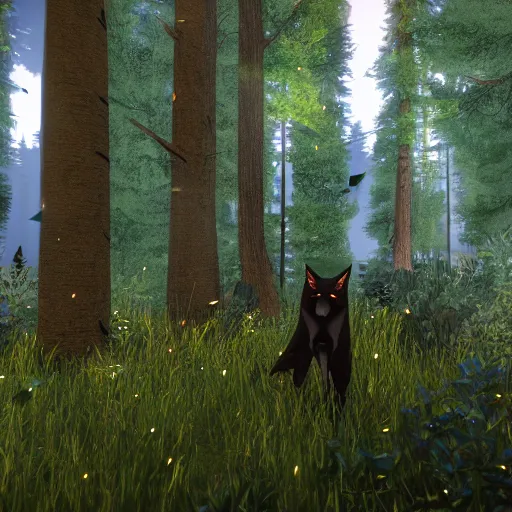 Image similar to a black fox in a majestic fantasy forest at night, fireflies floating about, bioluminescent plants, second life in game screenshot 2022