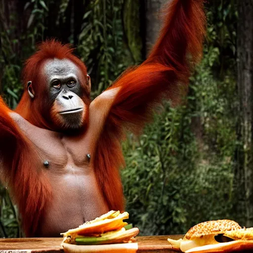 Prompt: an orangutan sitting at a desk, eating a burger, photorealism, 4 k, 8 k, shot by jimmy nelson, intricate