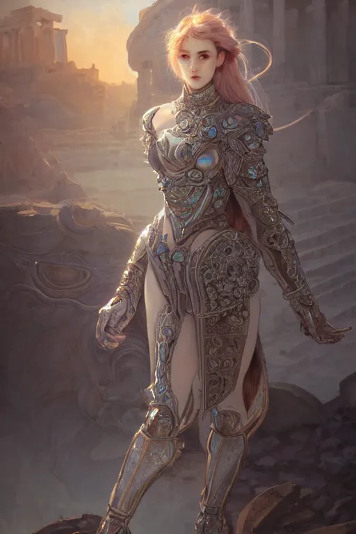 Prompt: portrait knights of zodiac girl, sliver ice color reflected armor, in ruined agora of athens sunrise, ssci - fi and fantasy, intricate and very very beautiful and elegant, highly detailed, digital painting, artstation, concept art, smooth and sharp focus, illustration, art by tian zi and wlop and alphonse mucha