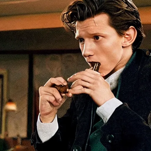 Image similar to tom holland wearing a brown trenchcoat, white shirt and plaid tie, smoking a cigar, dressed as detective columbo.