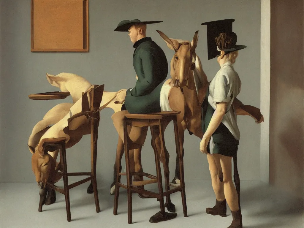 Prompt: a mule and a barstool by Raphael, Hopper, and Rene Magritte. detailed, romantic, enchanting, trending on artstation.