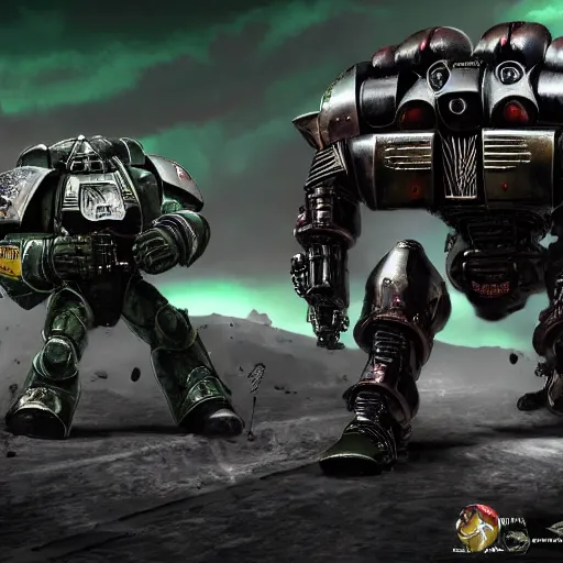 Prompt: dark angels chapter space marine terminator squad fighting a gigantic insectoid alien, 4 k, octane render, extremely detailed, martian landscape