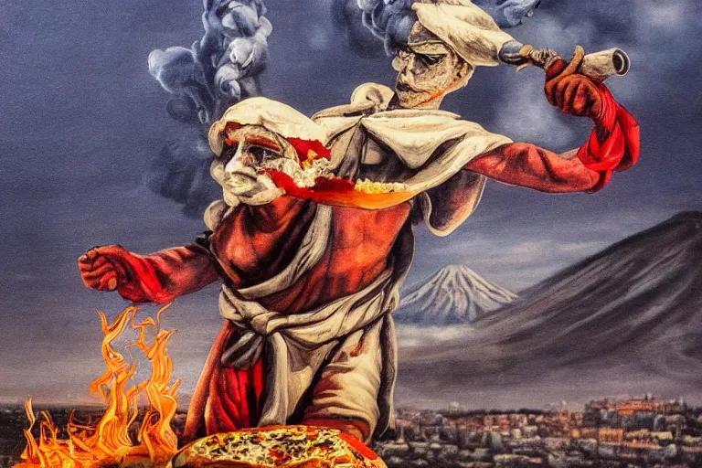 Image similar to a highly detailed pulcinella!!! from naples with pizza!! in the foreground, volcano in the background with smoke, blazing fire and glowing lava, full body, wide angle, an ultrafine detailed painting by rivorio mok, post - apocalyptic vibe, trending on deviantart, whimsical, lowbrow, coherent, sharp focus, octane, masterpiece