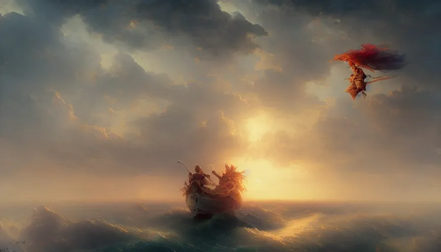 Image similar to 8 k art photography shot art shot, hyperrealistic, hyperdetailed, super detailed, uhd, uhd, 8 k, high resolution, goddess of war floating over the oceans with baroque clouds, painting by ross tran and ivan aivazovsky