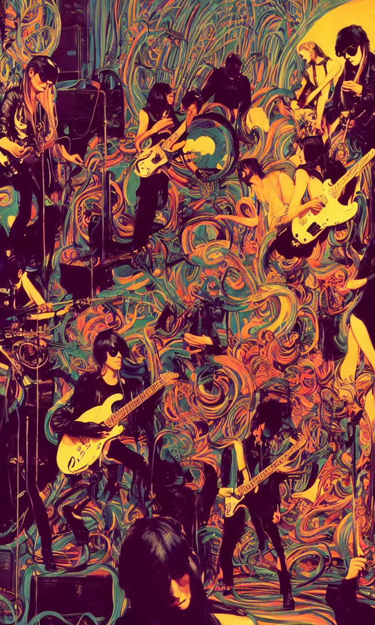 Image similar to the velvet underground and nico playing live on stage at a night club, beautiful stage decoration with flowers in the background, painting by james jean and syd mead and gaston bussiere, very detailed and colorful and toned down and ornamental and moody and cool and relaxed and high on drugs, trending on artstation, behance contest winner