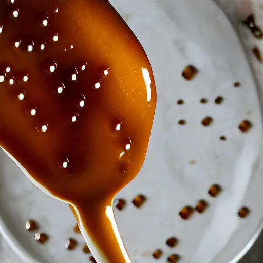 Image similar to a photorealistic fork covered in dripping honey, so much honey, professional food photography, Movie Still, Triadic color grading.