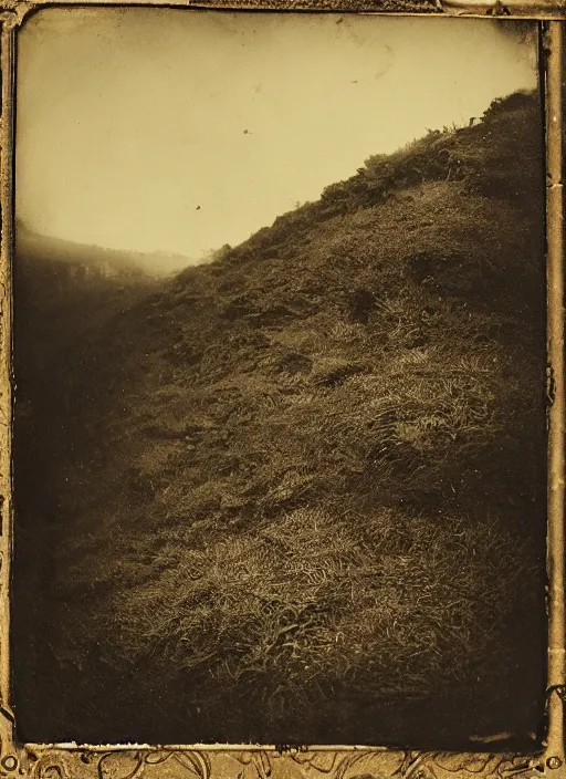 Image similar to old wetplate daguerreotype landscape of the high hills in the sun, dubbel negative exposure, explosion of data fragments, fractal, intricate, elegant, highly detailed, parallax, leica, medium format, subsurface scattering, by jheronimus bosch and greg rutkowski and louis jacques mande daguerre