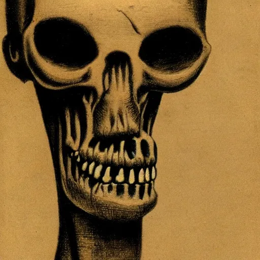 Image similar to humanoid with crooked teeth, two black eyes, long open black mouth, alien looking, big forehead, horrifying, killer, creepy, dead, slightly realistic, long neck, boney, monster, tall, skinny, skullish, deathly, in the style of alfred kubin