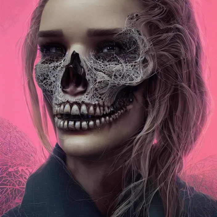 Prompt: portrait of rosie huntington-whiteley as a skull in a suit. intricate abstract. intricate artwork. nightmare fuel. by Tooth Wu, wlop, beeple, dan mumford. octane render, trending on artstation, greg rutkowski very coherent symmetrical artwork. cinematic, hyper realism, high detail, octane render, 8k, iridescent accents