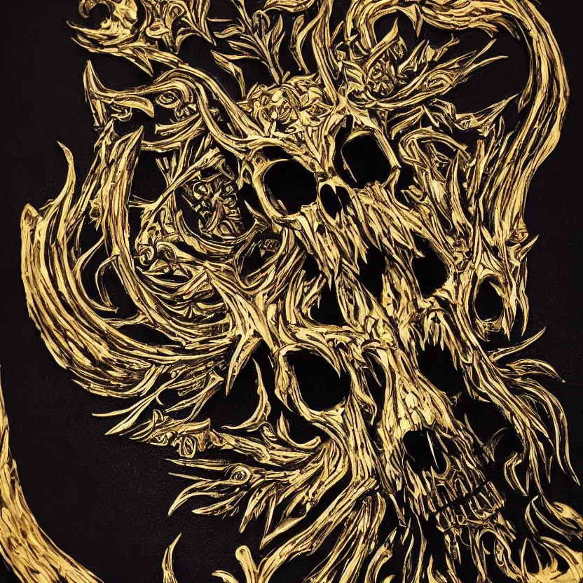 Image similar to photo of wolf skull on bones, dramatic lighting, circural, golden ornaments, symmetric, intricate skeletal decorations, symmetry, highly detailed, concept art, black, glimpse of red, white, gold layers, centered, style of nekroxiii, hyperrealistic, black background, smoke