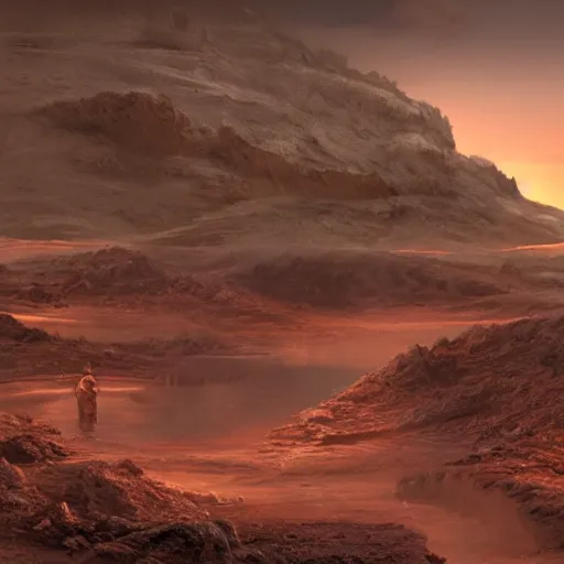 Image similar to matte painting of a sci - fi mining work exploring toxic sulfur pools of hestia rupes mars landscape, highly detailed, vidid, epic scenery, windy, at dusk