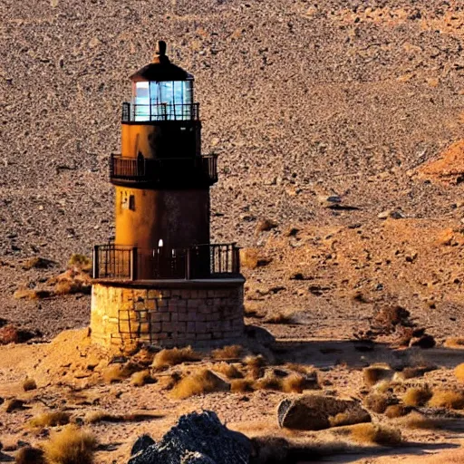 Image similar to an old lighthouse in the middle of the desert sitting on a rock, post apocalyptic