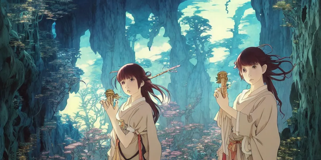 Image similar to the girl and the magic dragons cave. anime visual. torches, dark. by hayao miyazaki and rossdraws and artgerm and chie yoshii and detmold and greg rutkowski and alphonse mucha. anime production by studio ghibli. high quality, stunning, intricate detailed environment. 8 k