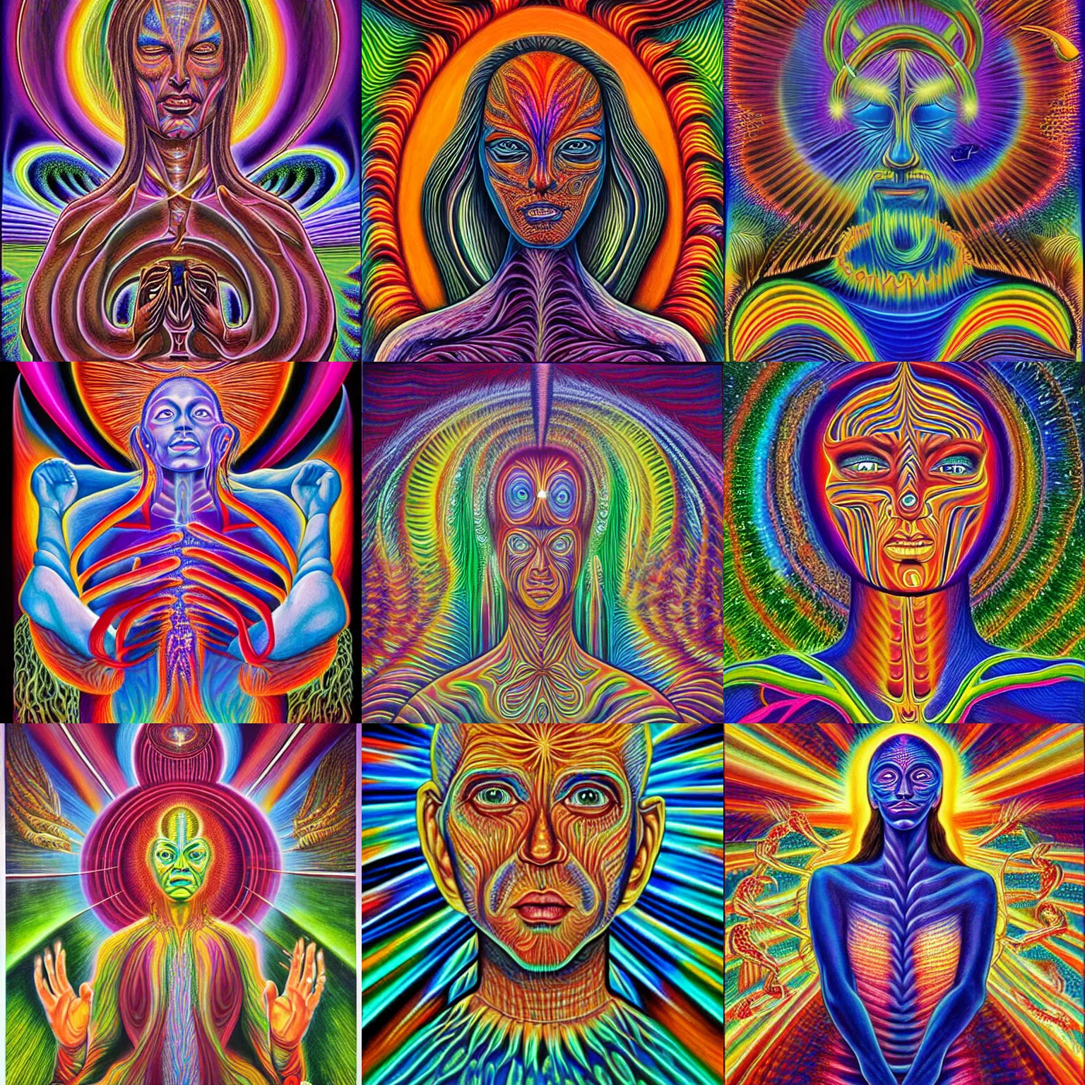 Prompt: mother nature ayahuasca spirit, painting by alex grey in the style of cosmic christ by alex grey