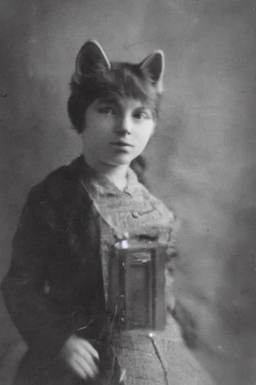 Image similar to first ever photograph of a catgirl, historic photograph