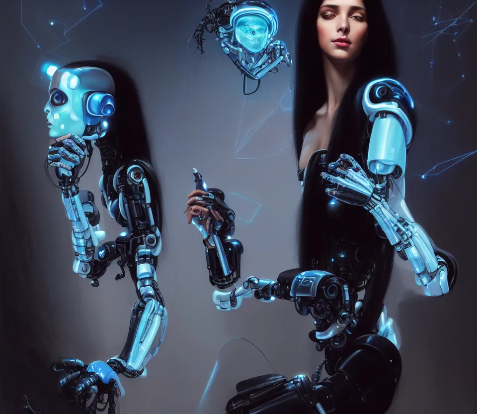 Image similar to beauty young spanish woman with long black hair robotic arms, interacting withholograms of alien artifacts, electrical case display, Terminator tech, ultrarealistic, dramatic lighting, electrical details, high details, 4k, 8k, best, accurate, trending on artstation, artstation, photorealism, ultrarealistic, digital painting, style of Peter Mohrbacher, Caravaggio, Hajime Sorayama and Boris Vallejo