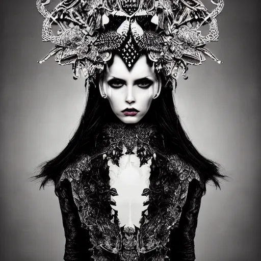 Image similar to a portrait of female model by stefan geselle and nekro borja, photorealistic, intricate details, hyper realistic, ornate headpiece, dark beauty, photorealistic, canon r 3, photography, wide shot, photography, dark beauty, symmetrical features