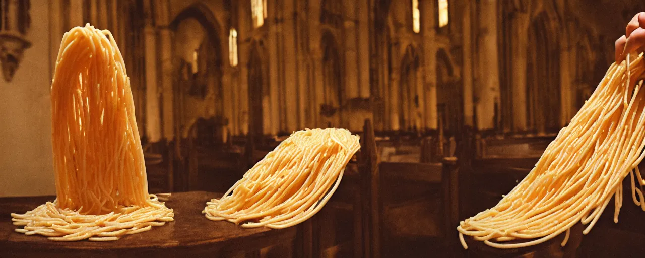 Prompt: an effigy of spaghetti inside a church, canon 5 0 mm, cinematic lighting, photography, retro, film, kodachrome, closeup