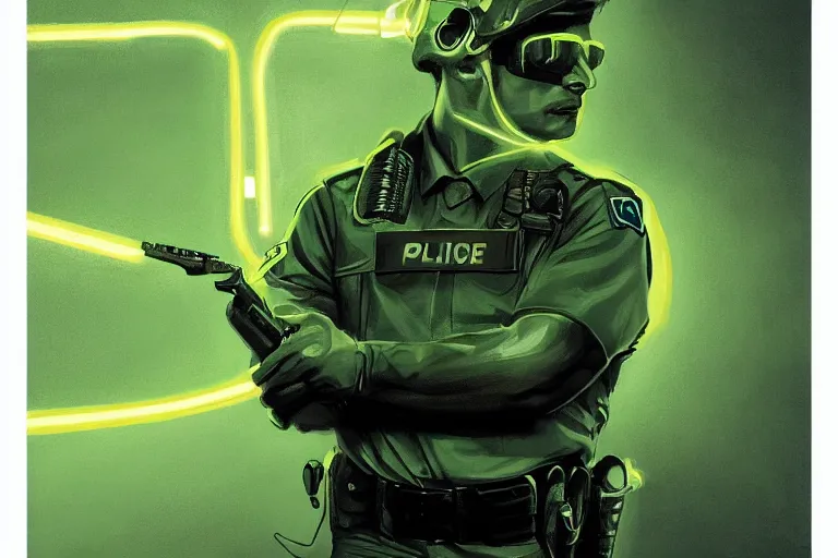 Image similar to Extremely funny portrait of a glowing translucent body glowing male police officer wearing cool shades. Green fluorescent aura around the officer, wide angle, magic, green fire, darkness, dramatic lighting, Africa, intricate, wild, highly detailed, digital painting, artstation, concept art, smooth, sharp focus, illustration, art by artgerm and greg rutkowski and alphonse mucha, footage from space camera