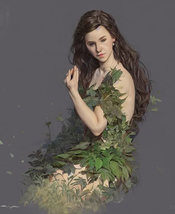 Image similar to teen girl in dress made of leaf, realistic portrait, highly detailed, digital painting, artstation, concept art, smooth, sharp focus, illustration, cinematic lighting, art by artgerm and greg rutkowski and alphonse mucha and boris vallejo and frank frazetta