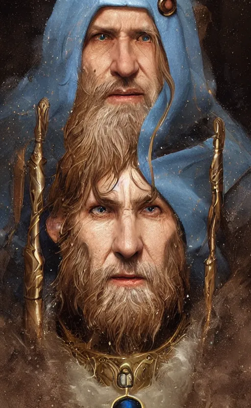 Image similar to portrait of a middle aged elf with a long beard, dressed in a blue cloak with clock iconography, brown hair, raised hand, detailed face, fantasy, highly detailed, cinematic lighting, digital art painting by greg rutkowski