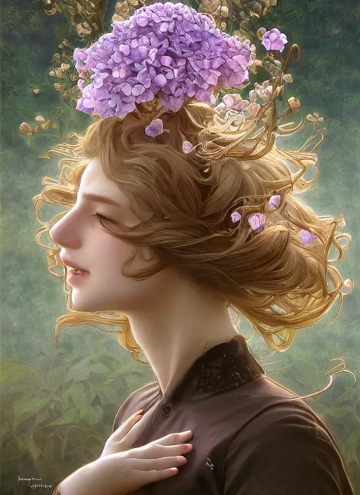 Image similar to realistic photographic perfect portrait of a anthropomorphic hydrangea blossom, fantasy, wind blowing hair, intricate, elegant, highly detailed, digital painting, artstation, concept art, smooth, super sharp focus, illustration, art by artgerm and h r giger and alphonse mucha