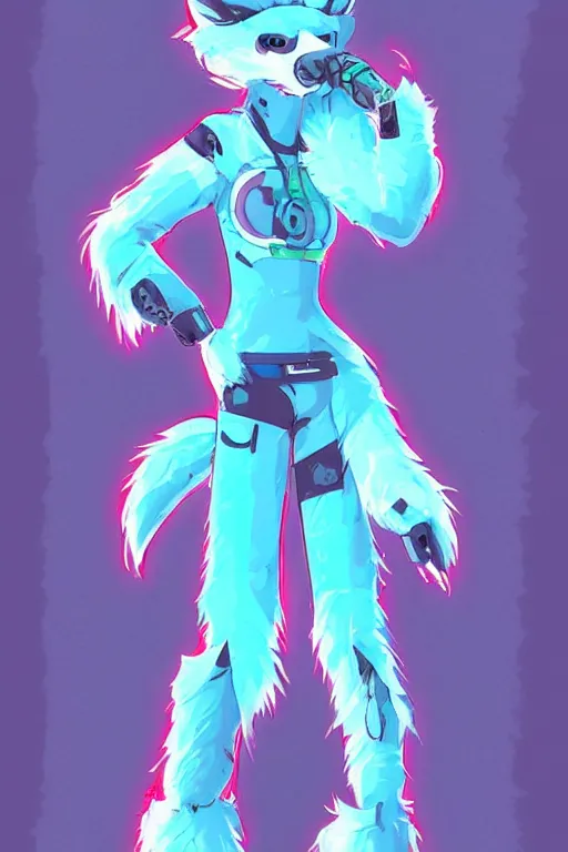 Prompt: a cute cyberpunk anthropomorphic wolf with light blue fur and a fluffy tail, comic art, trending on furaffinity, cartoon, kawaii, backlighting, furry art!!!, cel shading, concept art, lineless