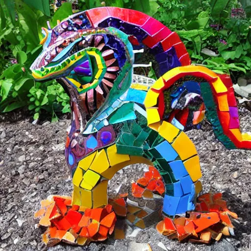 Image similar to mosaic sculpture of a alebrije chimera!!!, irregularly shaped mosaic tiles, recycled pottery shards, in the style of folk art, in a cottagecore flower garden