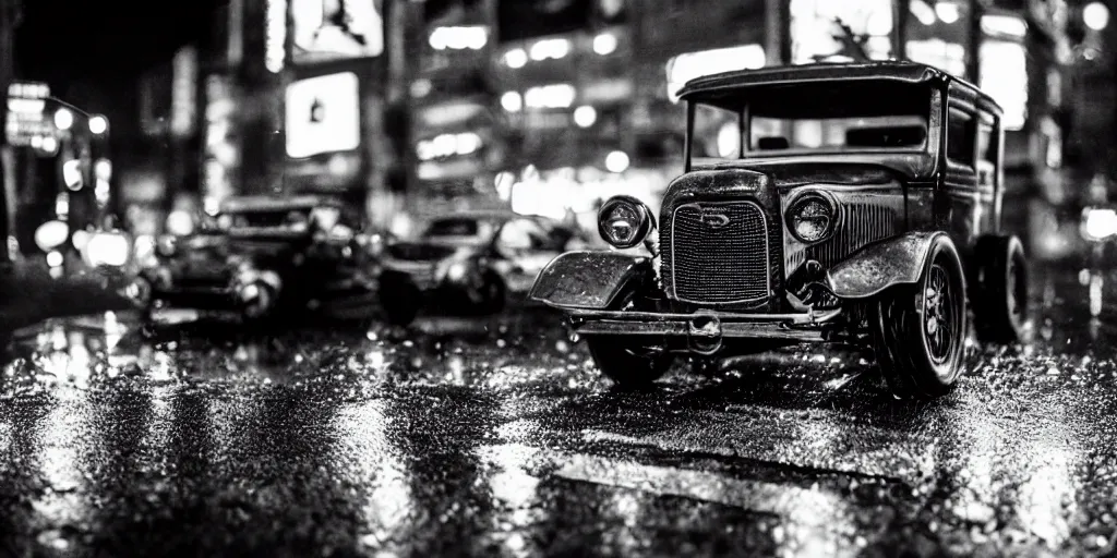 Image similar to close up macro shot of a ford t car on wet tokyo street at night, intricate, hyper detailed, smooth, dramatic lighting, cinematic