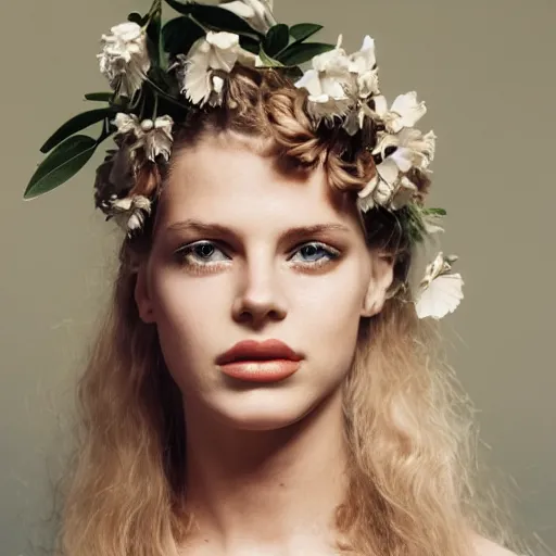 Image similar to vintage photograph of an olive skinned blonde female model in her twenties, her hair pinned up with flowers, wearing a designer top, looking content, focused on her neck, photo realistic, extreme detail skin, natural beauty, no filter, slr, golden hour, 8 k, high definition, selfie