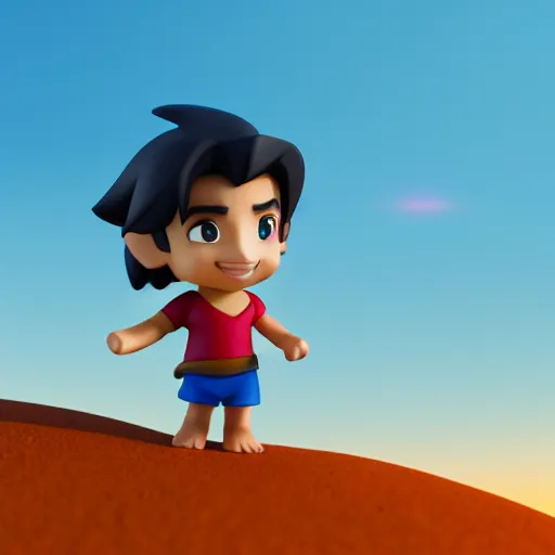 Image similar to profile view of young aladdin as nendoroid walking in a desert, disney, pixar, 8 k, hd, dof, kodak film, volumetric lighting, subsurface scattering, photorealistic, octane render, details