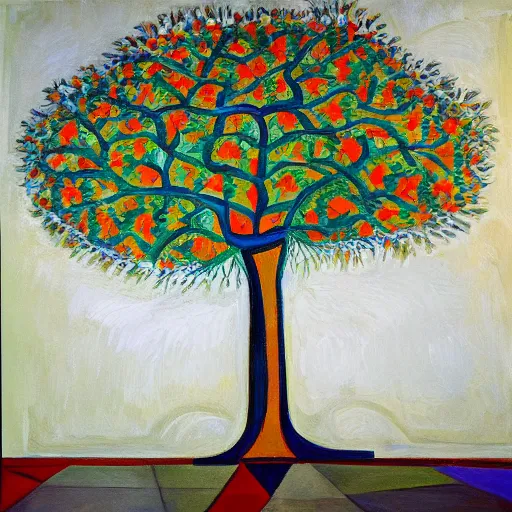 Prompt: intricate five star patridge pear tree by pablo picasso, oil on canvas, hdr, high detail, photo realistic, hyperrealism, matte finish, high contrast, 3 d depth, centered, masterpiece, vivid and vibrant colors, enhanced light effect, enhanced eye detail, artstationhd