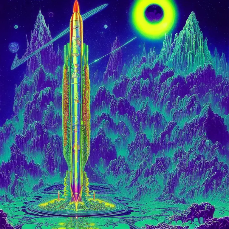 Image similar to mysterious cosmic rocket hovering over magical haunted diamond temple, infinite hallucinogenic fractal waves, # f 2 2 2 ff # 8 c 1 eff synthwave, bright neon colors, highly detailed, cinematic, eyvind earle, tim white, philippe druillet, roger dean, ernst haeckel, lisa frank, aubrey beardsley, kubrick, kimura
