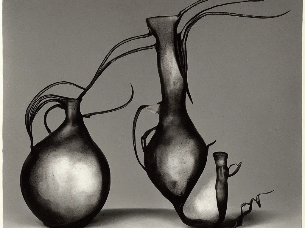 Image similar to gothic vase, pot, jug in the shape of black widow spider. karl blossfeldt, salvador dali