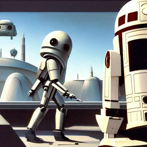 Image similar to ralph mcquarrie concept art of a futuristic mcdonalds. a space station is seen off in the distance with various droids and people walking in the foreground. a trooper is seen holding a brown mcdonalds bag.