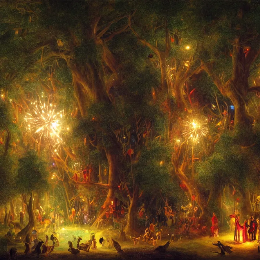 Image similar to closeup of a night carnival inside a tree cavity in a magical forest in the middle of a summer storm, with a music scenario with many fireworks and christmas lights, volumetric lightning, instense god rays in the sky, folklore people disguised with fantastic creatures in a magical forest by summer night, masterpiece painted by edmund leighton, scene by dark night environment, refraction lights,