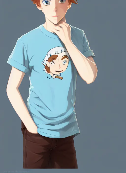 Image similar to portrait of a teen boy with completely straight auburn hair, light blue eyes, pale skin, freckles, sad expression, t - shirt, modern casual clothing, natural lighting, path traced, highly detailed, high quality, cartoon, digital painting, by don bluth and ross tran and studio ghibli