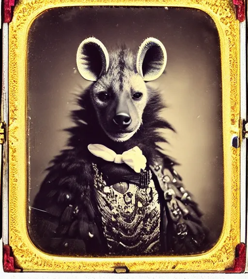 Image similar to professional studio photo portrait of anthro anthropomorphic spotted hyena head animal person fursona wearing elaborate pompous royal robes clothes by Louis Daguerre daguerreotype tintype