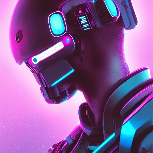 Image similar to cyberpunk concept cool cyborg bot, cinema 4 d, galaxy, cosmos, ufo, space sci - fi, wearing vr goggles, illustration, portrait, pastel neon textured background night, trending on artstation, greg rutkowski, octane rendered, 1 2 k, detailed,