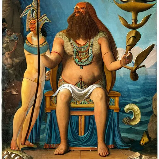 Image similar to The performance art shows a mythological scene. A large, bearded man is shown seated on a throne, surrounded by sea creatures. He has a trident in one hand and a shield in the other. Behind him is a large fish, and in front of him are two smaller creatures. Ancient Egyptian, azure by John Wilhelm, by William Gropper haunting