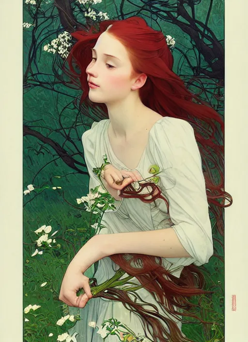 Image similar to pretty young woman resembling alicia vikander with long red hair, reading a book under a tree, path traced, highly detailed, high quality, digital painting, by studio ghibli and alphonse mucha, leesha hannigan, hidari, art nouveau, chiho aoshima, jules bastien - lepage