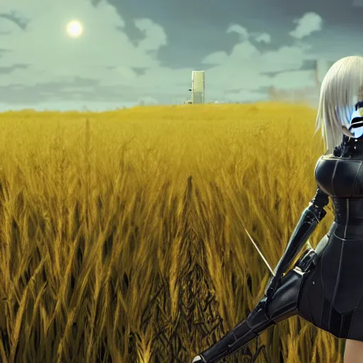 Image similar to a high resolution very detailed image of yorha android with stinger missile in nier : automata, in yellow rye field under blue sky