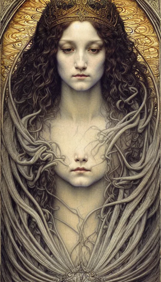 Image similar to detailed realistic beautiful young medieval queen face portrait by jean delville, gustave dore and marco mazzoni, art nouveau, symbolist, visionary, gothic, pre - raphaelite. horizontal symmetry