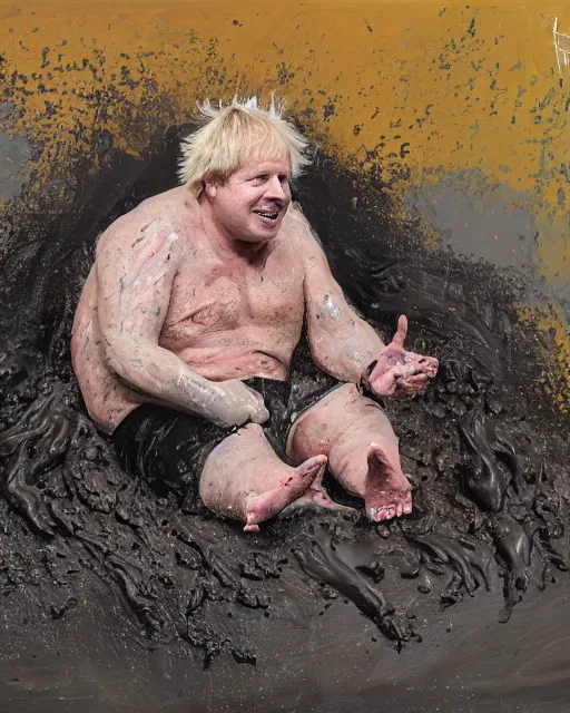 Prompt: a painting of uk politician former prime minister boris johnson rolling around in a pig pen covered in mud, 4 k detail