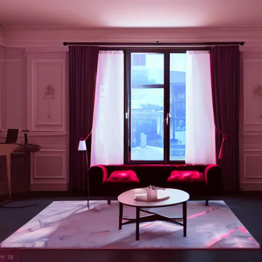 Prompt: A screenshot of a photorealistic Virtual Reality music studio, living room vibe, Paris hotel style, red velvet furniture, light rays coming out of the windows, the window has a view on Paris, raytracing, highly detailed, futuristic, unreal engine 5, photoscanned, photorealistic,