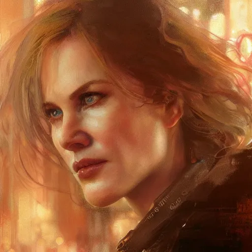 Image similar to nicole kidman, hyperrealistic portrait, bladerunner street, art of elysium by jeremy mann and alphonse mucha, fantasy art, photo realistic, dynamic lighting, artstation, poster, volumetric lighting, very detailed face, 4 k, award winning