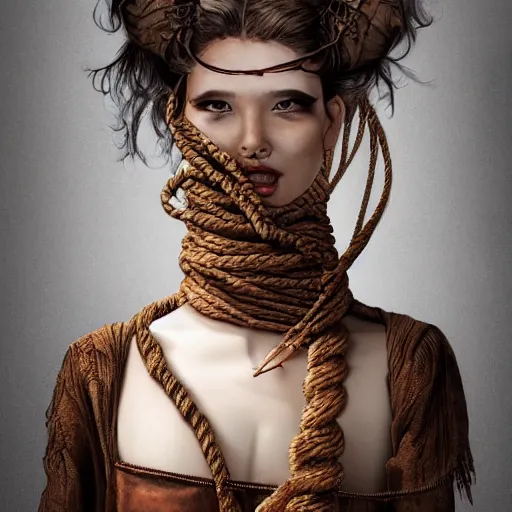 Image similar to portrait of a Shibari rope wrapped face and neck of a store mannequin, headshot, insanely nice professional hair style, dramatic hair color, digital painting, of a old 13th century, traveler, amber jewels, baroque, ornate clothing, scifi, realistic, hyper detailed, chiaroscuro, concept art, art by Franz Hals and Jon Foster and Ayami Kojima and Amano and Karol Bak,