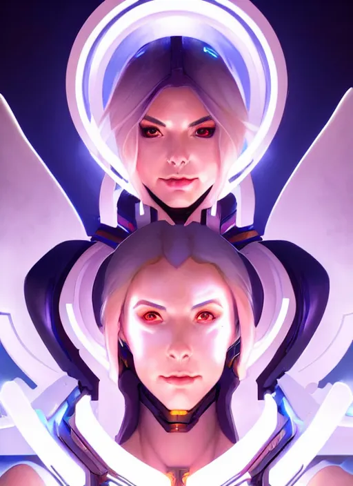 Prompt: symmetry portrait of mercy from overwatch, sci - fi, tech wear, glowing lights intricate, elegant, highly detailed, digital painting, artstation, concept art, smooth, sharp focus, illustration, art by artgerm and greg rutkowski and alphonse mucha