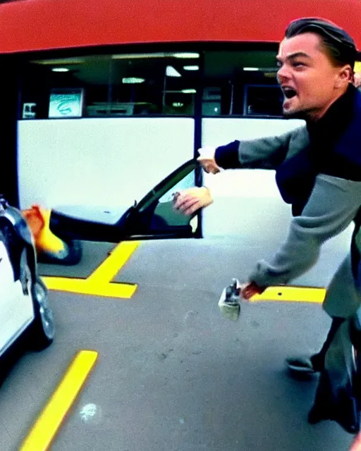 Prompt: screenshot of a video containing footage of Leonardo DiCaprio robbing a store, wide angle, uhd, 8k, award winning